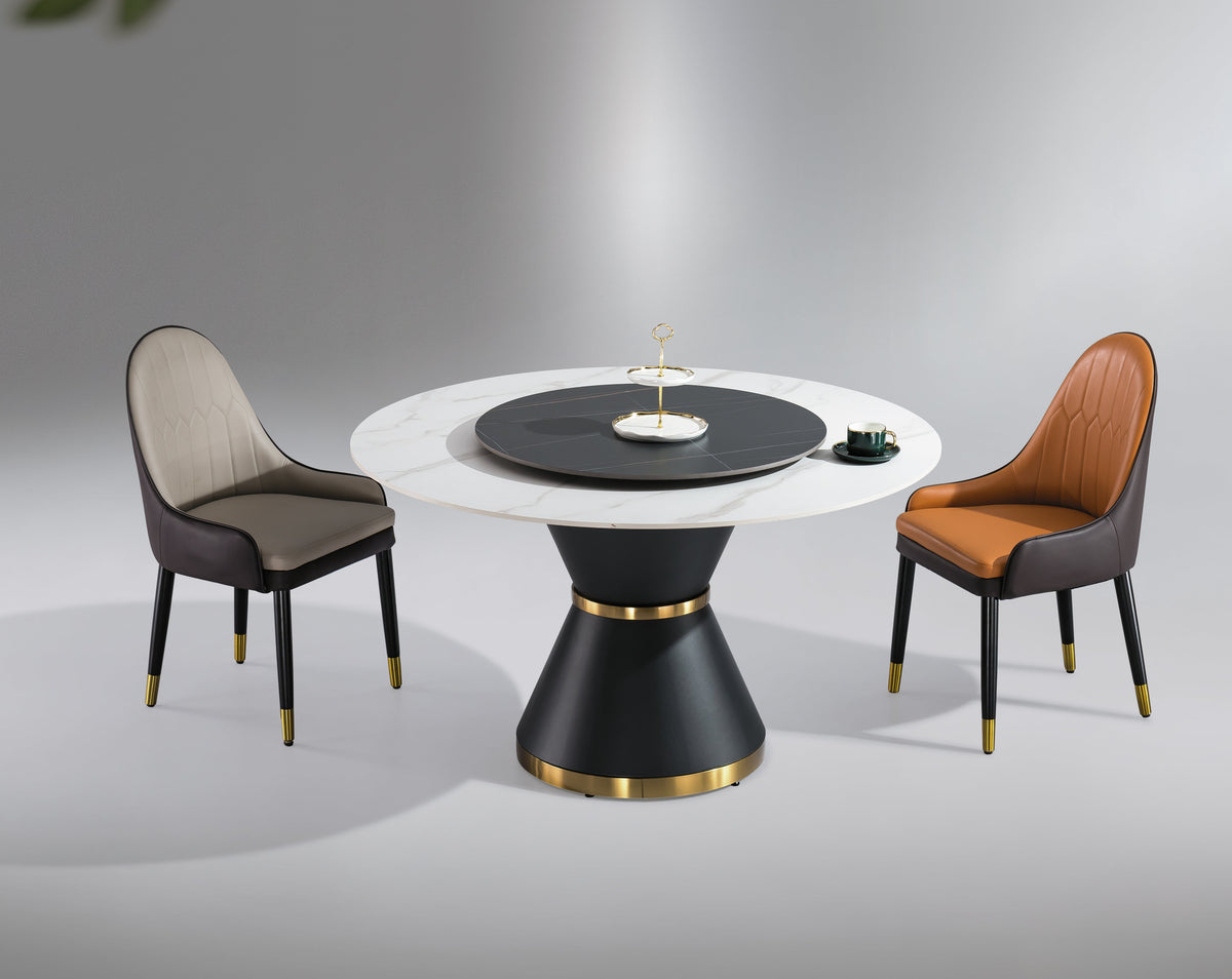 FS-D615 Hourglass Shaped Round Black Dining Table With Black Slate Top With Turntable
