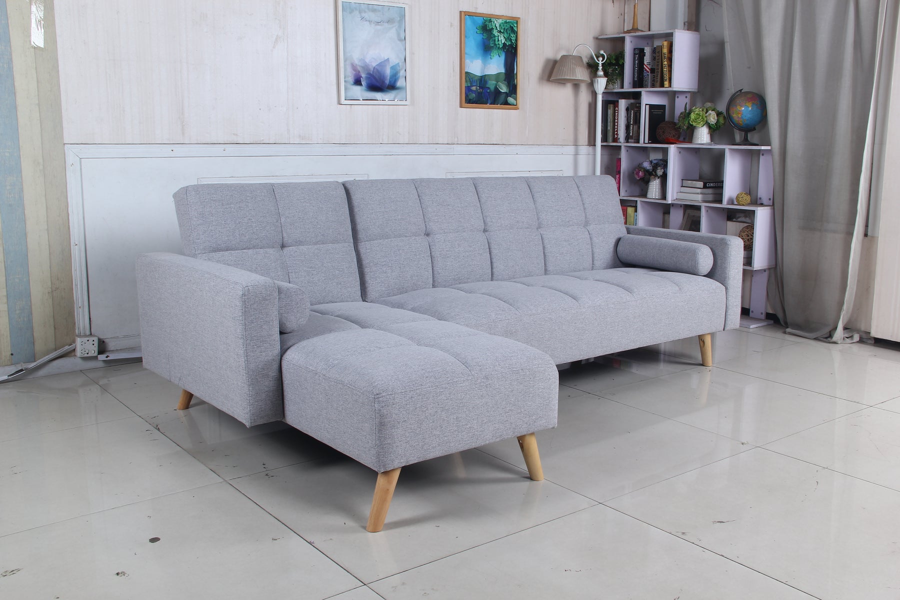 Luxury Multi-Functional Eucalyptus Wood Sofa Bed Left - Grey